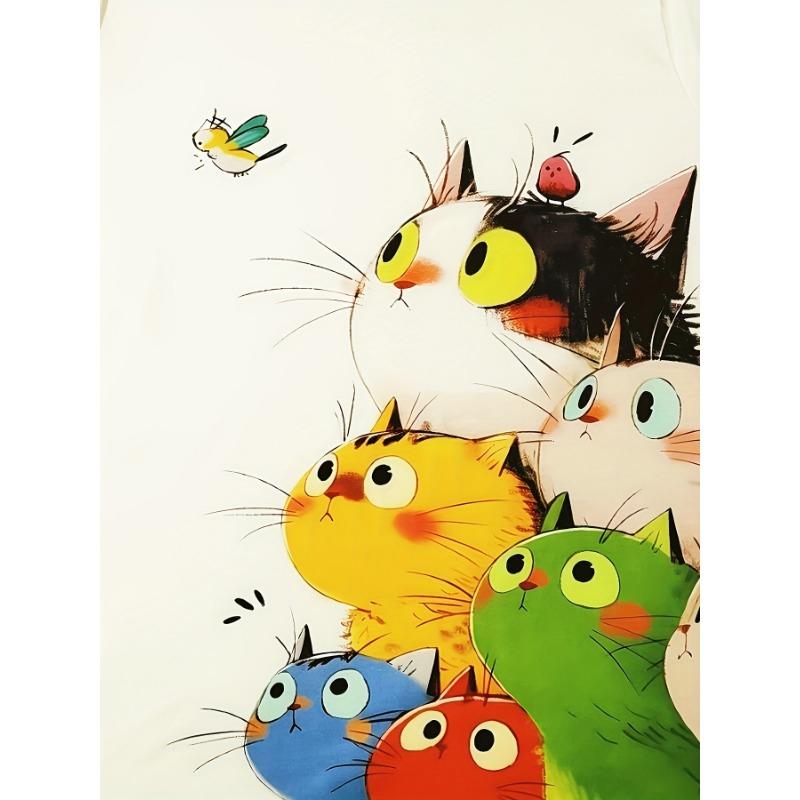 Buntes Gestapeltes Katzen Damen-T-Shirt - Niedliche Cartoon-Katzen-Grafik, Verspielter Aufdruck für Lässige Tägliche Kleidung
