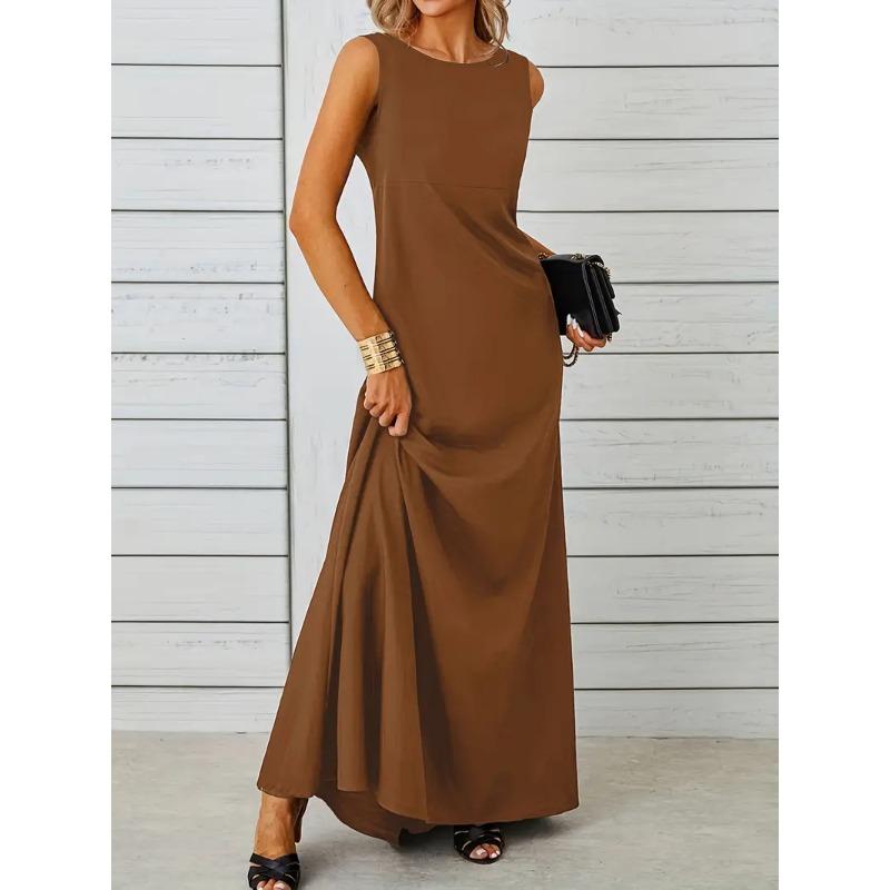Spring and Summer Elegant and Pure-colored Round-neck Short-sleeved Resort-style Women's Dresses