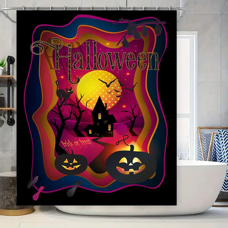 

Halloween Shower Curtain Decorative Waterproof Home Bathroom Decoration Printing Artwork With Cat House Pumpkins Halloween-Theme W60H190(CM)-1 Pcs