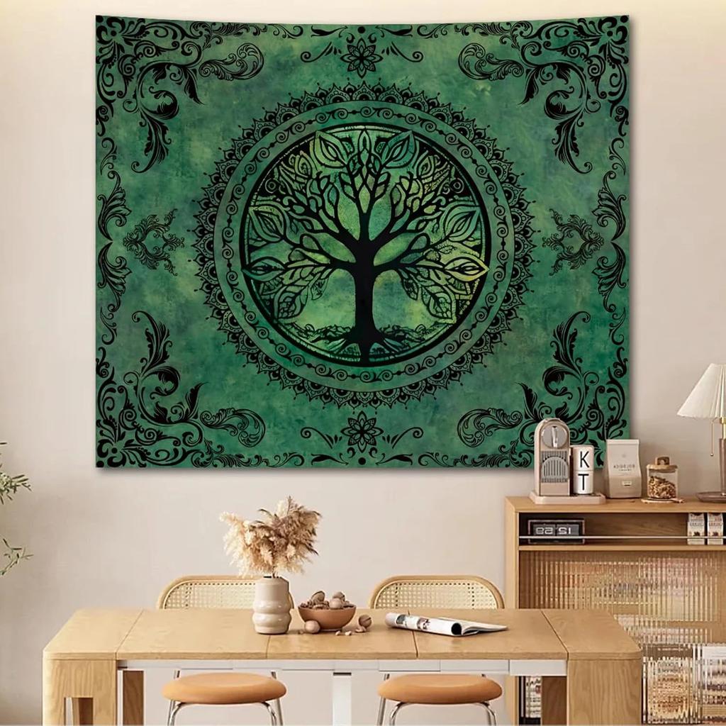 Tree Of Life Mandala Decor Tapestry Green Vintage Themed Wall Hanging Decorative Wall Cloth For Living Room Bedroom Room Decor