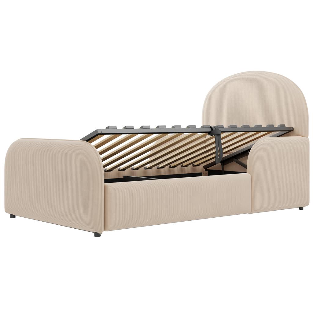 Gestoffeerd Kinderbed 90x200 met Hydraulische Opbergruimte, Velours Bedframe met Hoge Hoofdsteun, Voetbord en Semi-Hoge Veiligheidsleuning, Beige