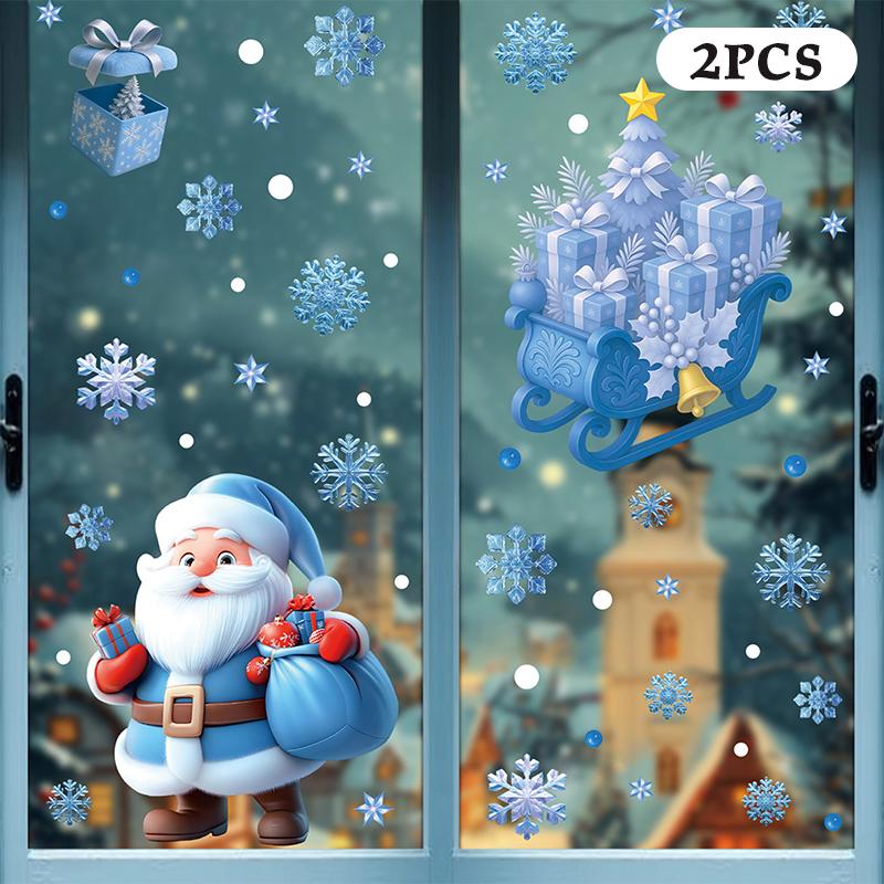 

Синие рождественские наклейки на окна - Набор статических наклеек с колокольчиками, оленями, Сантой, снежинками и снеговиком для праздничного декора A2