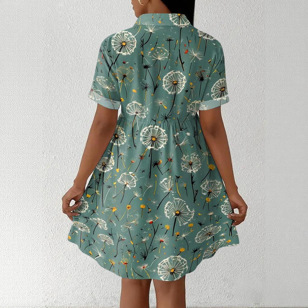 Women's Casual Loose Fit Shirt Dress Button Front Short Sleeve Turn Down Collar Dress with Printed Pattern Suitable for Daily Wear