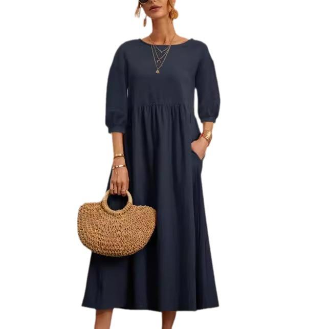 Women Solid Color Cotton Linen Midi Dress Round Neck 3/4 Puff Sleeve Loose Casual Sundress With Pockets Summer Vacation Beach Dress