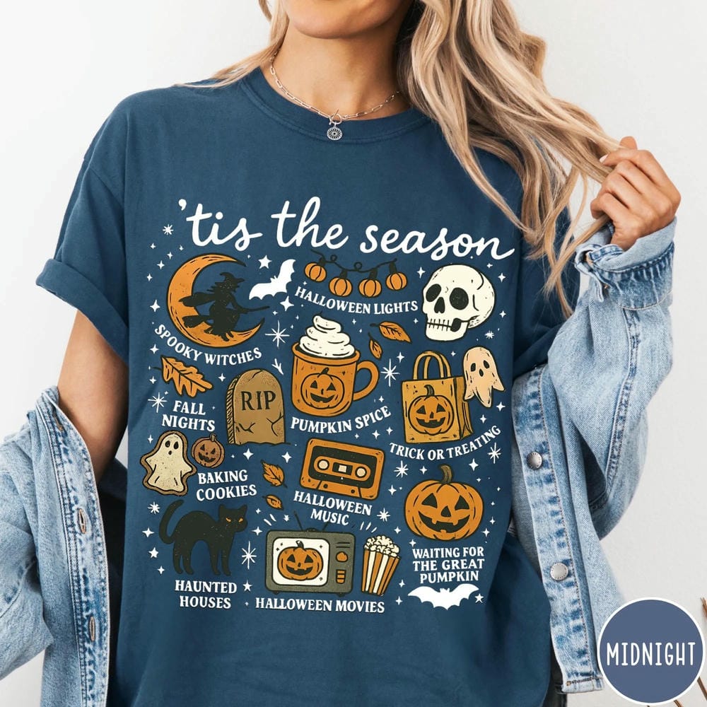 Women Vintage Dark Academia Vintage Halloween Comfort Shirt Tis the Season Pumpkin Witch Graphic Tshirt Unisex Top Streetwear