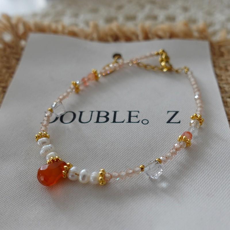 Freshwater Pearl Red Agate Teardrop Necklace for Women, Elegant Zircon Square Sugar Crystal Collar Chain