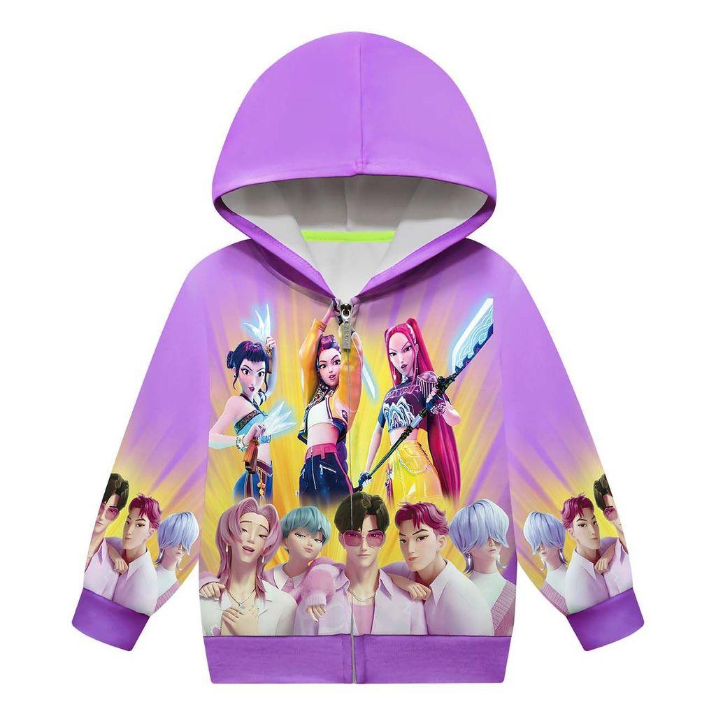 Dětská Dívčí POP Zpěvačka Rumi Zoey Mira Potištěná Neformální Mikina s Kapucí na Zip s Dlouhým Rukávem Bunda Kabát