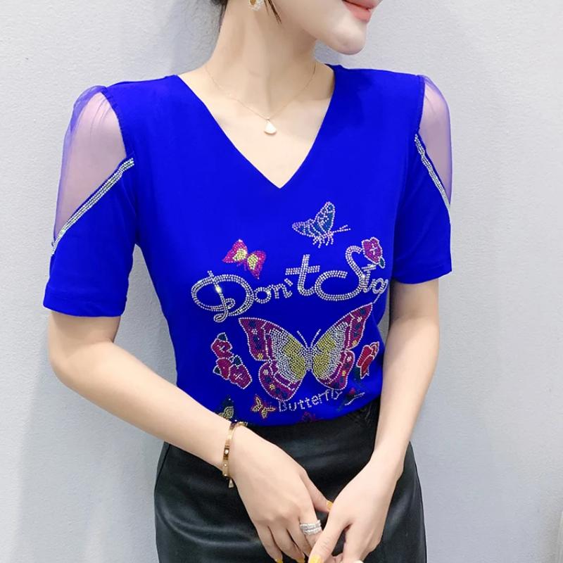 New European Women's Clothes Luxury Elegant T-Shirt Sexy Shiny Butterfly Hot Diamonds Mesh Top Tees Blouse