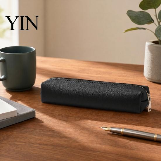Travel Pencil Pouch Minimalist PU Leather Case, Multi-Functional Stationery Storage Bag with Smooth Metal Zipper, Water Case & Stain Resistant Pen for