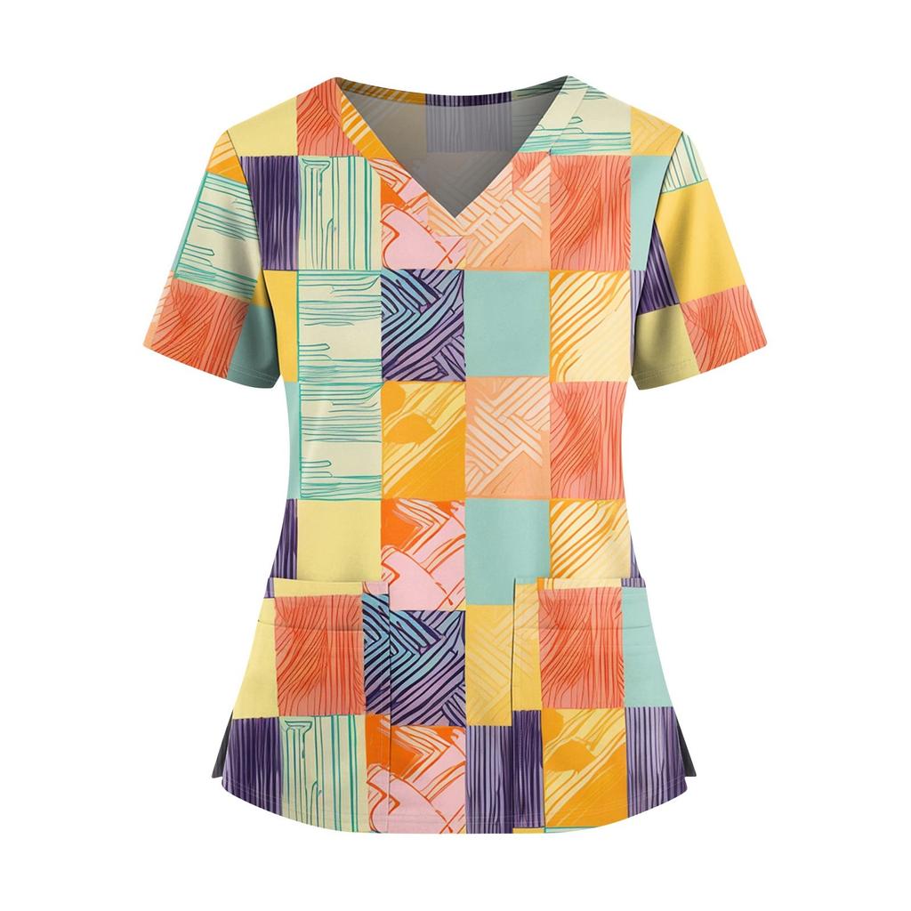 Women's Fashionable Printed V Neck Double Pocket Short Sleeved Shirt With Slit Hem Uniform And Worker Top