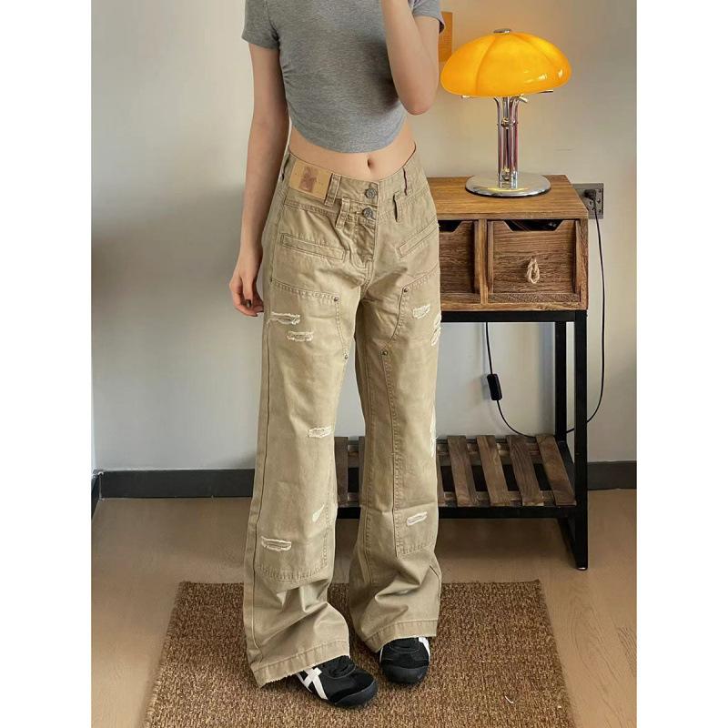 

JYL Unisex Cargo Jeans American Cotton Khaki Ripped Loose Slim Casual Denim Pants S яркий церулеан