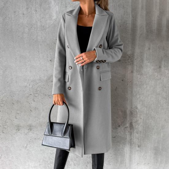 Damen Midi Langer Wollmantel Zweireihiger Trenchcoat Klassisches Revers Peacoat Herbst Winter Übermantel