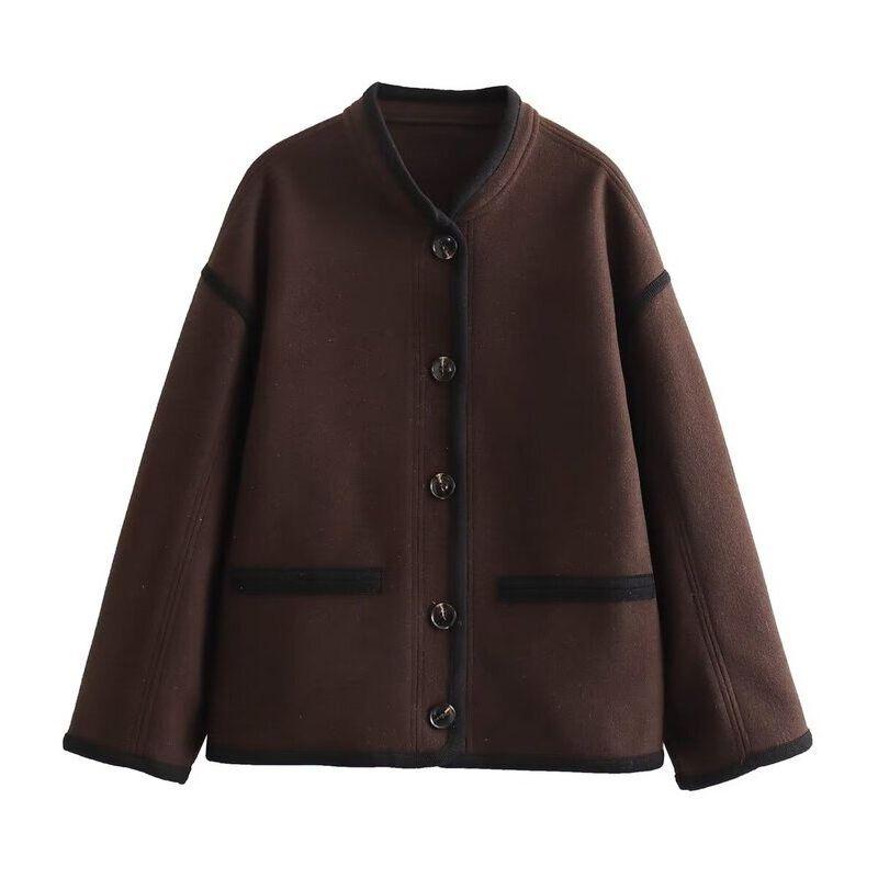 Fashion Style 2023 Fall and Winter New Arrival Women's Clothing Loose Slimming and All-Matching Row Long Sleeves Casual Woolen Splicing Coat