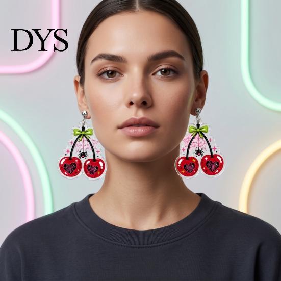 Sweet Cool Jewelry for Women 1 Pair Acrylic Cherry Earrings Women, 2D Fruit Dangle Drop Casual Wear with Spider Web And Bow, Punk Halloween