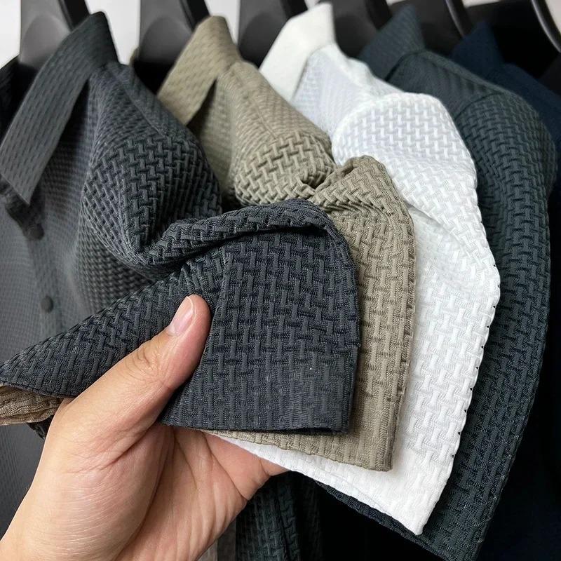 Camiseta Polo Masculina de Verão Lop-up Vazada de Manga Curta Seda Gelada Respirável Moda Business Camiseta Roupas de Marca Masculina