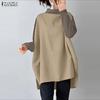 ZANZEA Women Stand Collar Loose Casual Long Sleeve Patchwork Blouse