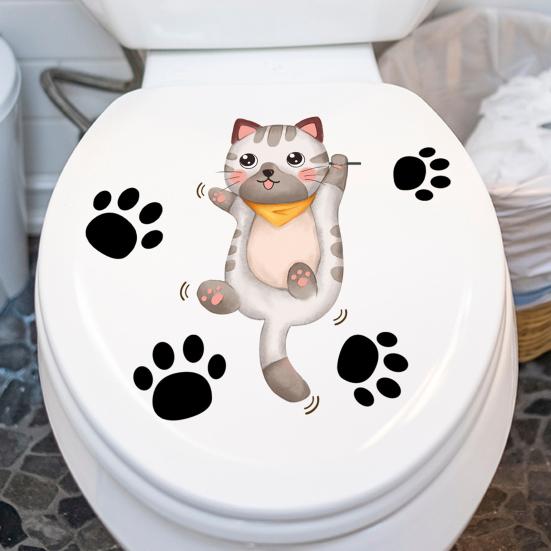 Kreslená nálepka na kočičí toaletu Odnímatelná samolepicí vodotěsná PVC Obývací pokoj Koupelna Nástěnné umění Kotě Paw Dekorace na víko toalety