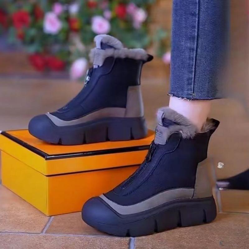 Zipper snow boots women's autumn and winter new velvet warm leather boots fashion casual thick-soled cotton boots soft-soled women's shoes