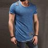 Summer T-shirt Solid Color Short Sleeve Cotton Blend Hole Design Top Pullover for Men T-shirt
