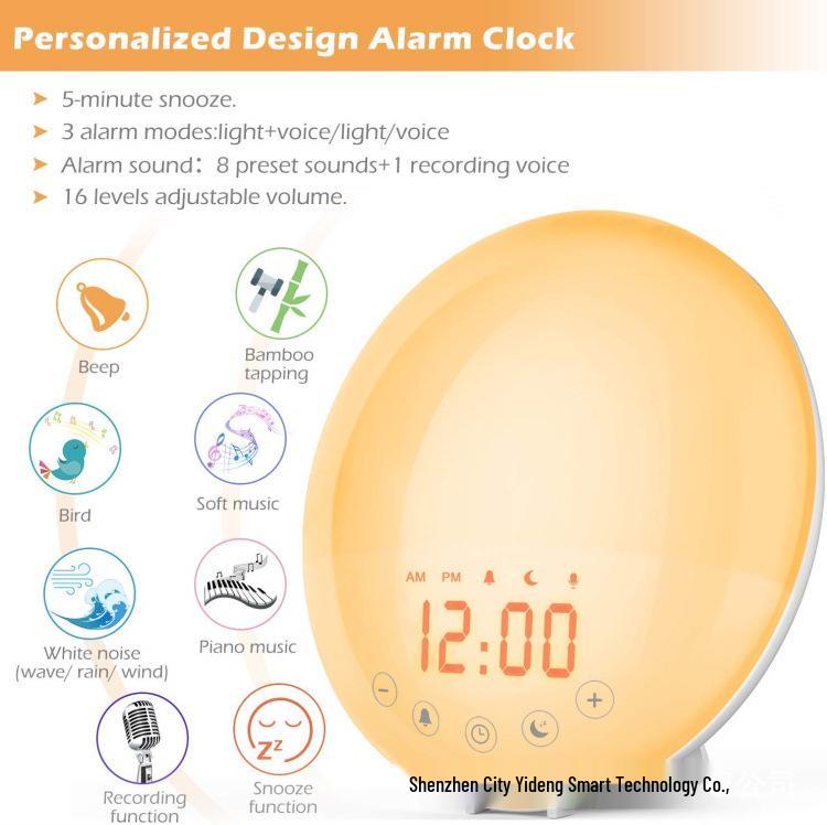 LED Sunrise Alarm Clock with FM Radio & Seven-Color Night Light