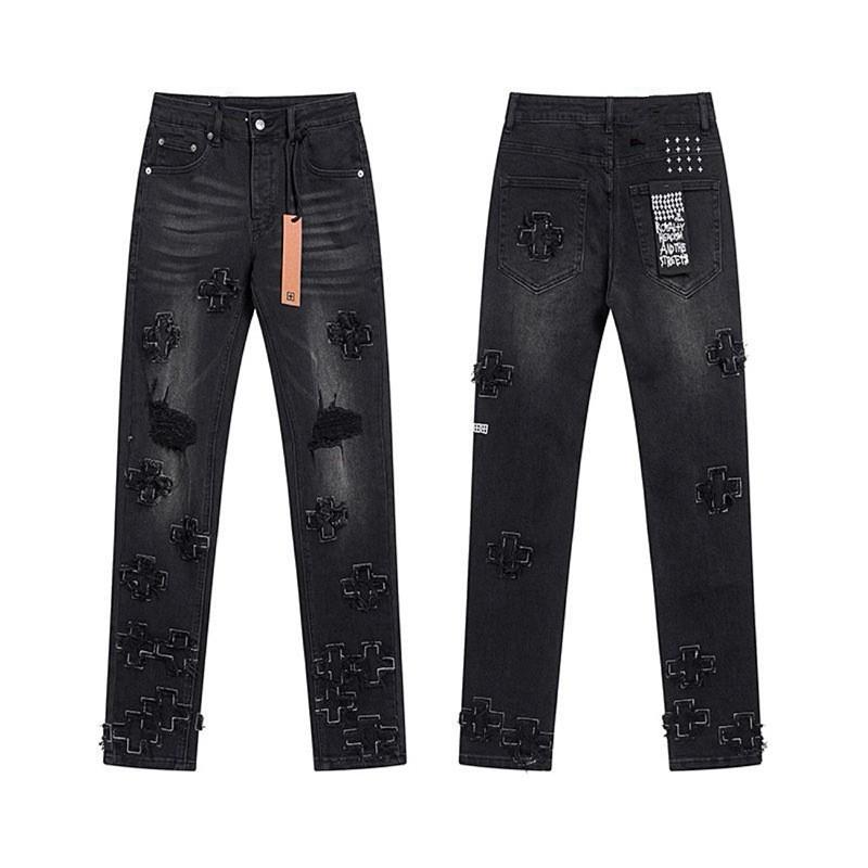 Mens Straight Fit Distressed Patchwork Denim Jeans Vintage Streetwear Style High Waist Ripped Cotton