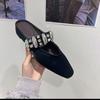 Fashion Women's Inner Height Flats Summer New Square Head Shallow Mouth Glitter Buckle Soft Sole Anti-slip Wear-resistant Slippers