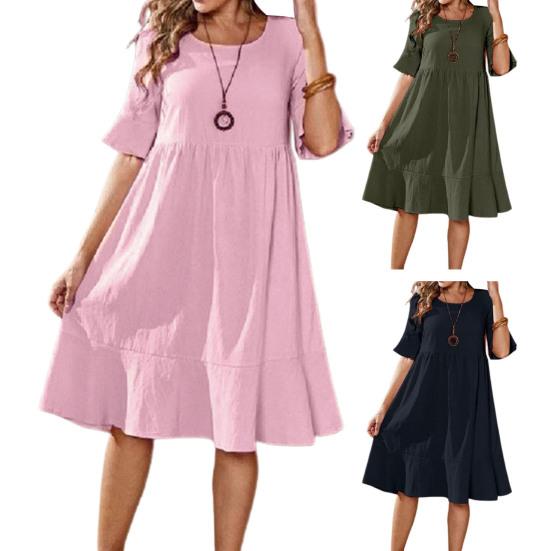 Sukienka midi z dekoltem w kształcie litery O, z wysokim stanem, cienka, trwała, kolorowa, marszczona, zwiewne obszycie, jednolita sukienka midi o linii A Streetwear