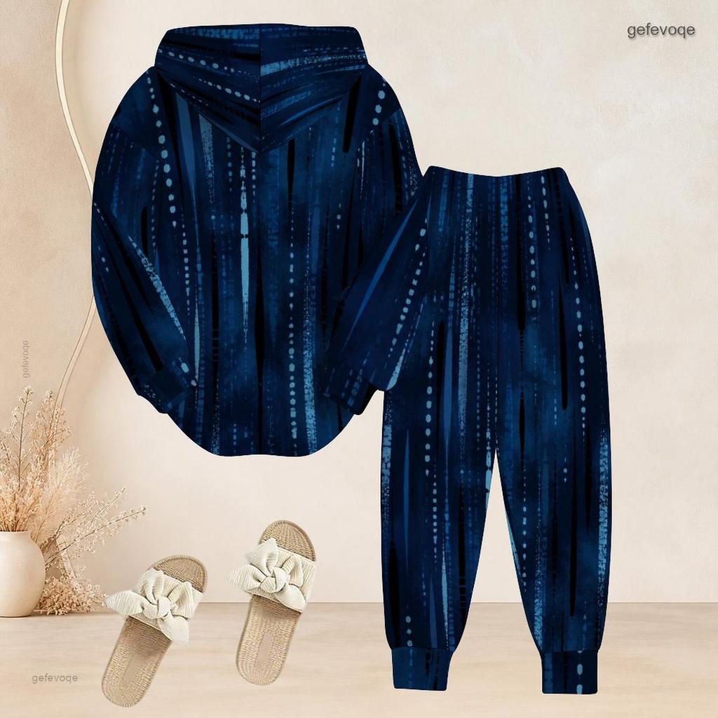 Women Plus Size Two Piece Set Hooded Long Sleeve Printed Top Cuffed Dark Blue Pants