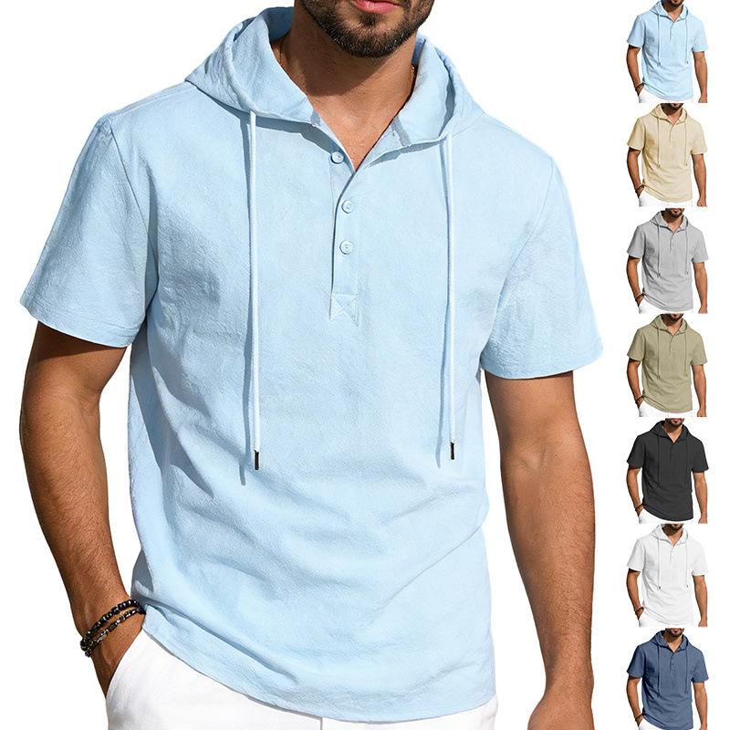 Men's Linen Short Sleeve T-Shirt Beach Casual Hooded Shirt Pure Color Shirt Comfortable Lightweight Breathable Summer Top