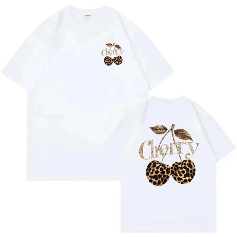 Retro Cherry Graphic Print Tshirt Summer Unisex Casual Fashion High Street Vintage Loose Tops Crew Neck Short Sleeve Cotton Tees