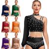 Dámský top pro současný tanec Asymetrický Průsvitná síťovina Dlouhý rukáv Barevný crop top s kamínky