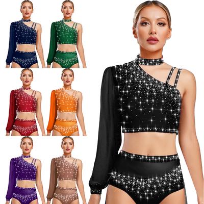 Damen Zeitgenössischer Tanz Top Asymmetrisch Transparentes Mesh Langarm Buntes Strass Crop Top