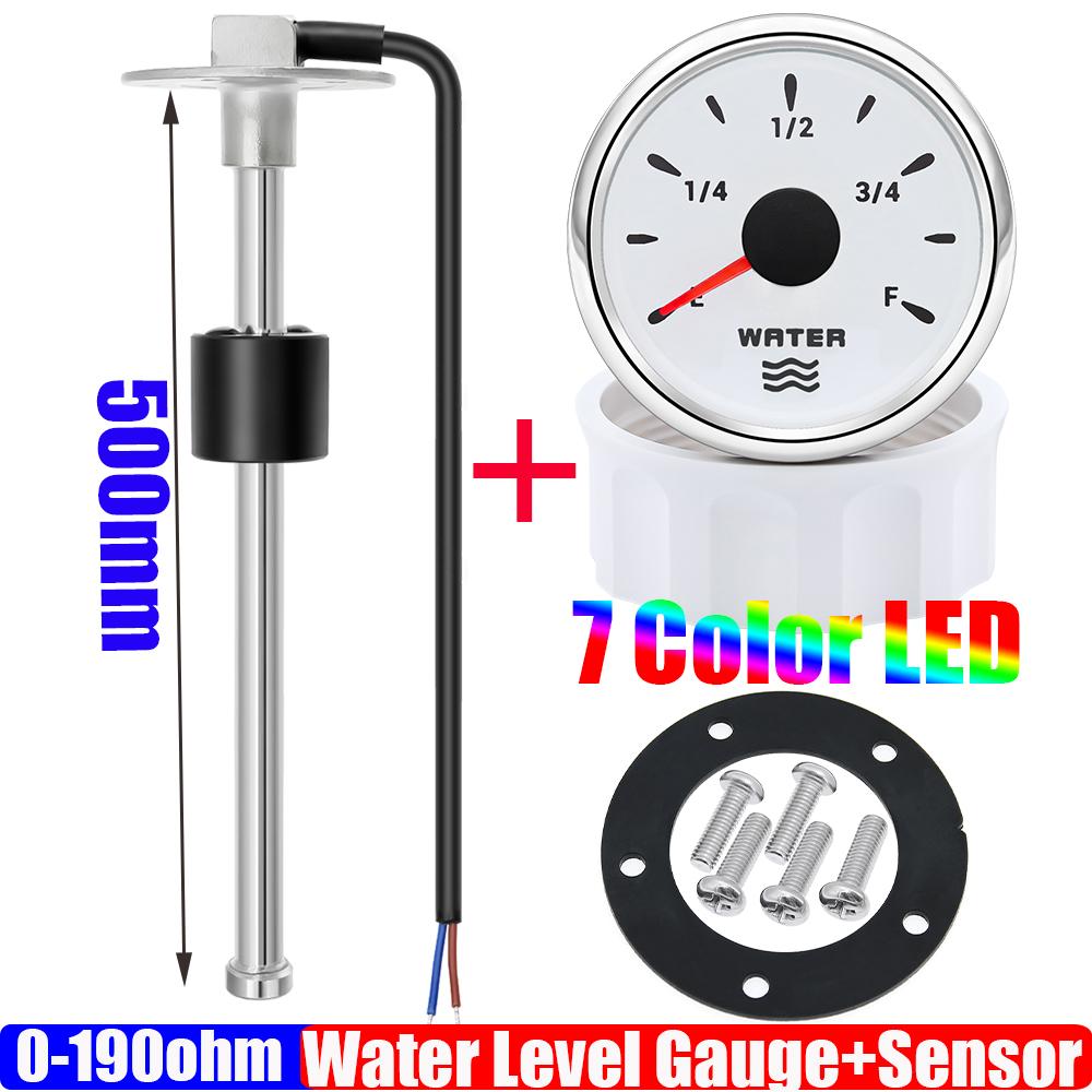 7 Color Backlight 2" 52mm Water Level Gauge+Water Level Sensor 100-600mm 0-190 Ohm Water Tank Meter Indicator Auto Car Boat