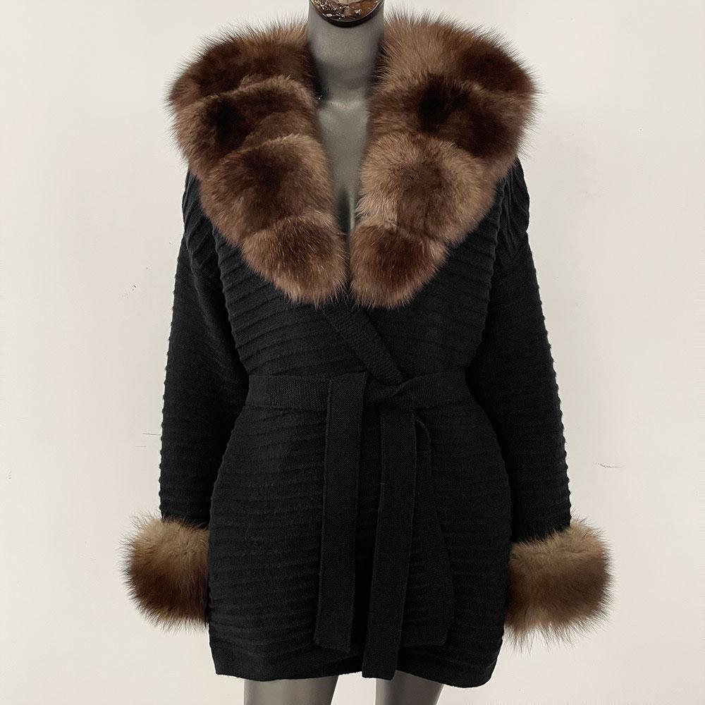 OFTBUY Podzimní Dámský Měkký Dlouhý Pravý Velký Liščí Kožich Teplý Pletený Kabát Pásek Klopa Límec Svrchní Oblečení Ležérní Svetr Bunda Volná Dámská Elegantní Dlouhá