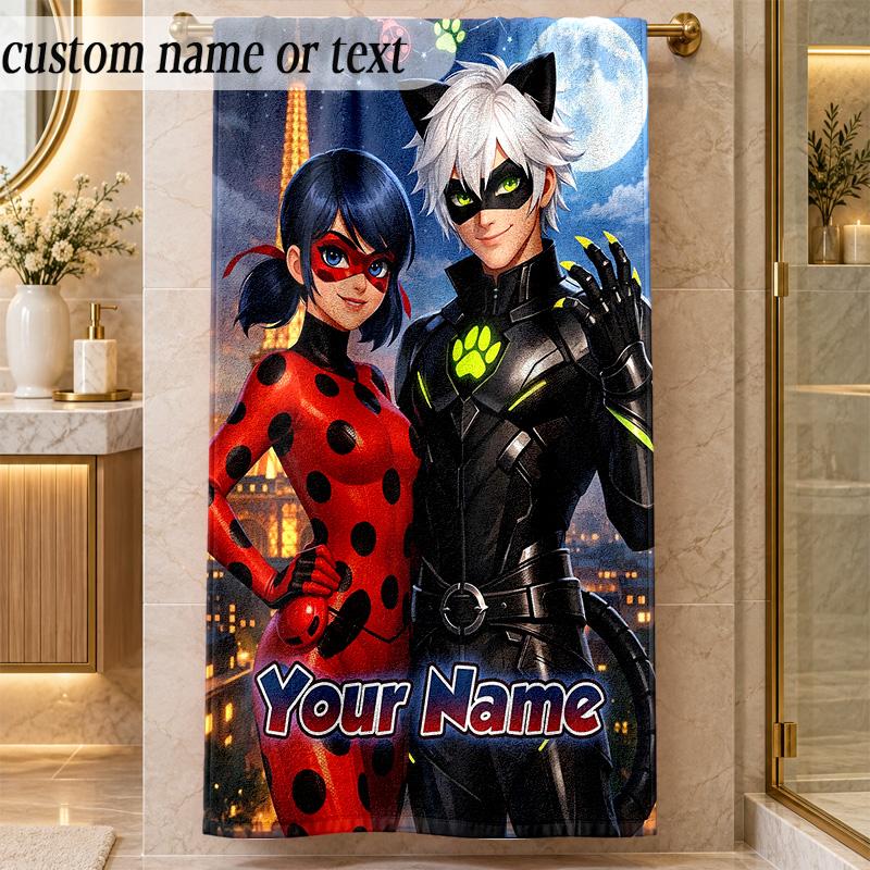 Beach TowelMiraculous Ladybug Custom Name Text Personalized Soft Towel for Beach Pool Indoor Home Decor Gift