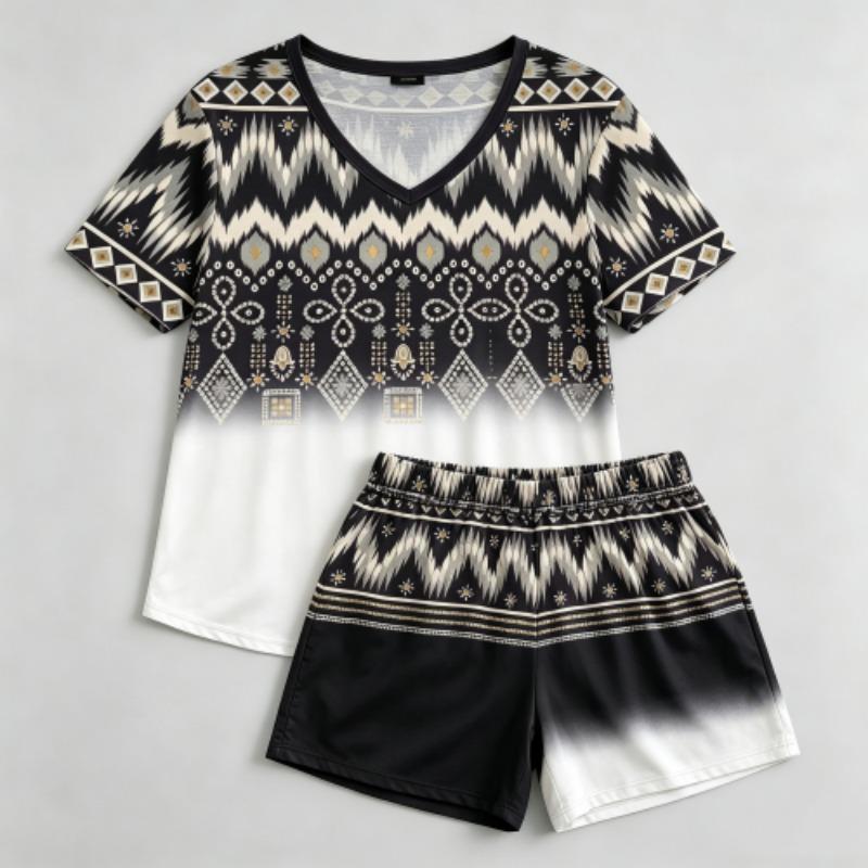 Summer Geometric Wavy Lines Pattern Printed V- Neck Short Sleeved T-Shirt And Shorts Set Women's and Men's T-shirt Shorts Set