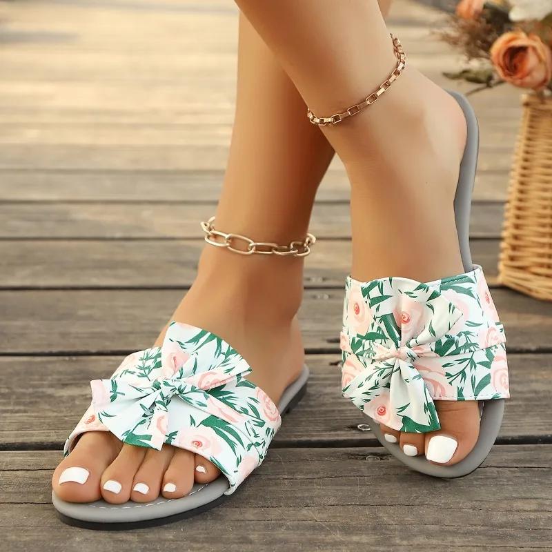 2025 Summer Open Toe Women's Slippers Printing New Outdoor Daily Plus Size Butterfly-knot Soft Bottom Flat Slippers