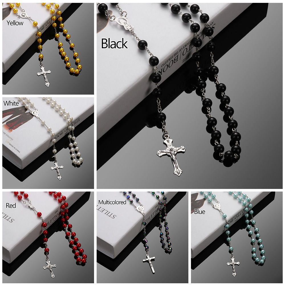 Fashion Vintage Cross Necklace Rosary Beads Chain Jesus Crucifix Virgin Mary Pendant Chain Jewelry Necklace