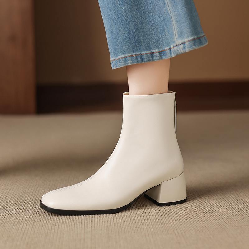 Krazing Pot Cow Skin Winter Square Toe Thick Heels Chelsea Fashion Boots Women Zip Office Lady Women Ankle Boots