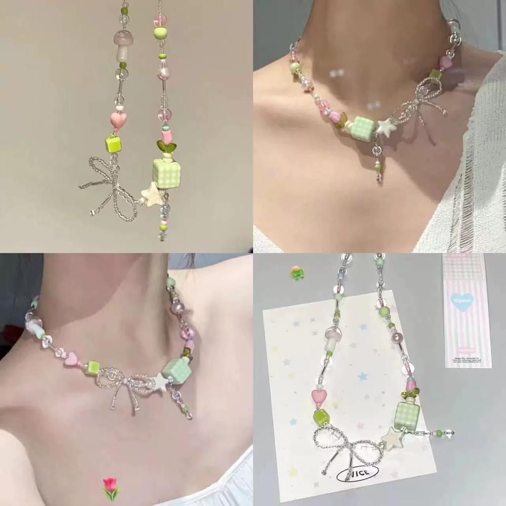 2026 Trendy Handmade Beaded Colorful acrylic Bowknot Star Pendant Necklace For Women Summer Y2k Sweet Aesthetic Neck Jewelry