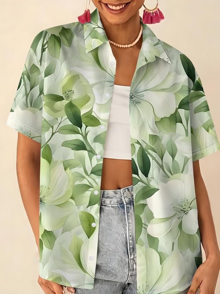 Gentle blue floral printed shirt for women, short-sleeve loose lapel design, niche vacation style top