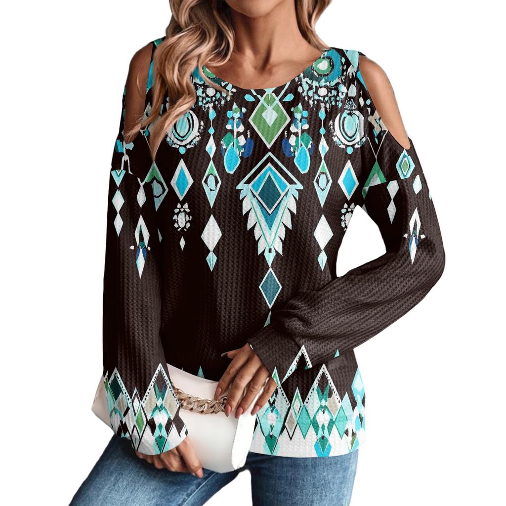 Damen Winter Oversized T-Shirt Modisch Schulterfrei Rundhals Vintage Blumendruck Pullover Langarm Oberteil