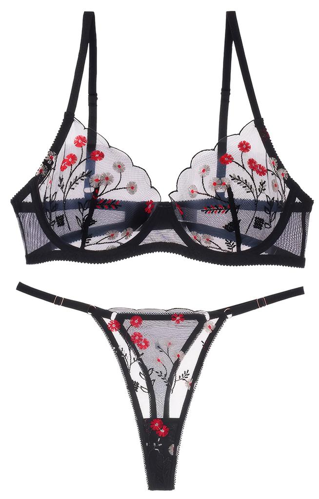 Maeau Sexy Lace Bra and Panty Beautiful Breasts Embroidered Floral Padded Size XL Women's Set, Lingerie, Print, See-Through, Bra, Thin, Black,