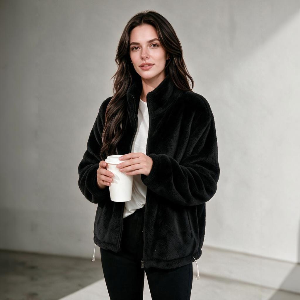 Women's Color Stand Collar Double-Sided Plush Jacket with Hem