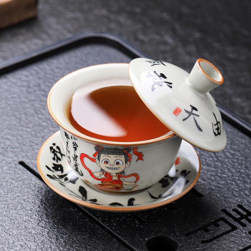 Nezha Attacks the Sea Series Cultural Creation Ru Kiln Open Pattern Personal Use Master Cup High-end Tea Cup Three Talents Cover