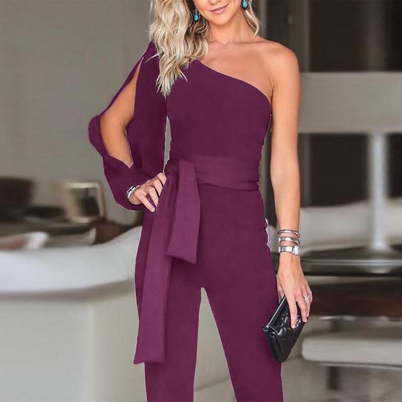 Waist Women Tied Flared Jumpsuits Fashion One Shoulder Sexy Rompers Jumpsuits