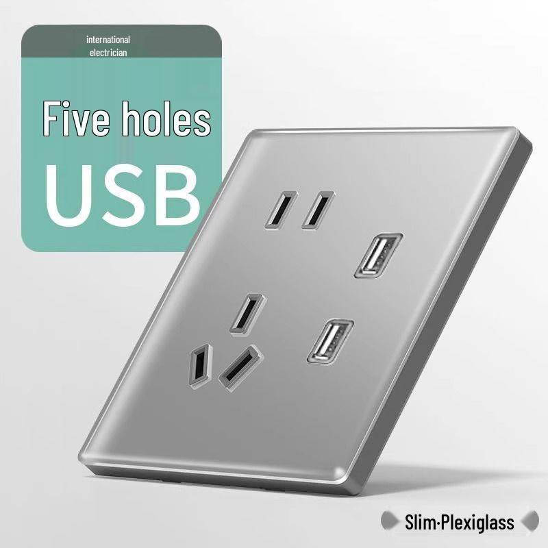 Bardzo cienki panel przełącznika i gniazdka z szarego szkła kryształowego - Typ 86, montaż podtynkowy, zestaw pięciootworowy do użytku domowego.