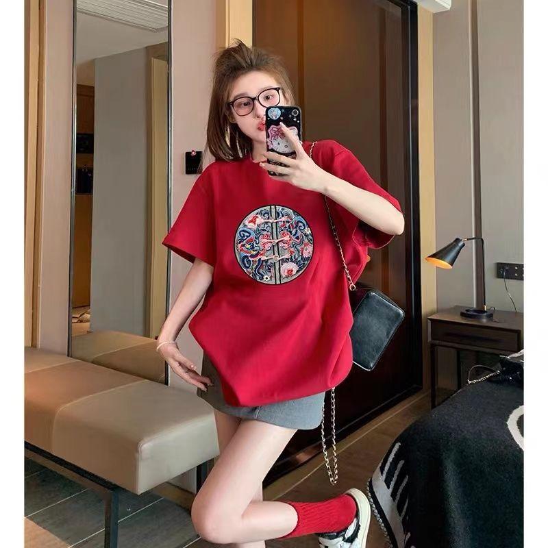 New Chinese style pure cotton short-sleeved T-shirt women's print new spring and summer interior with casual half-sleeved red top tide