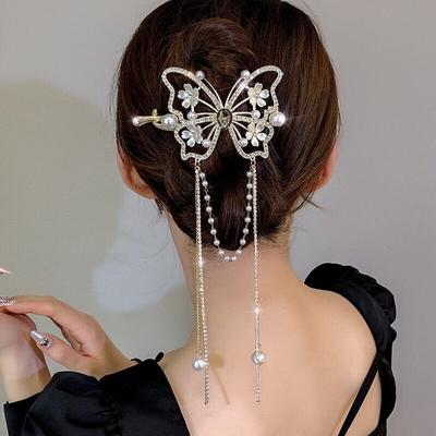 Rhinestone Butterfly Metal Hair Claw For Women Hairpins Vintage Crystal Pearl Pendant Hair Clips Female Hair Jewelry Accessories