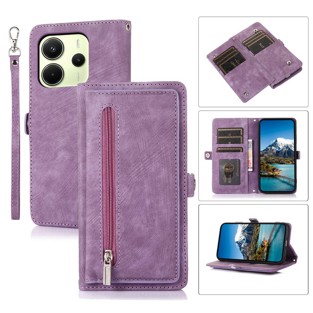 For Xiaomi Redmi Note 14 4G (163.25mm) Case Zipper Pocket 9 Card Slots PU Leather Phone Cover with Wrist